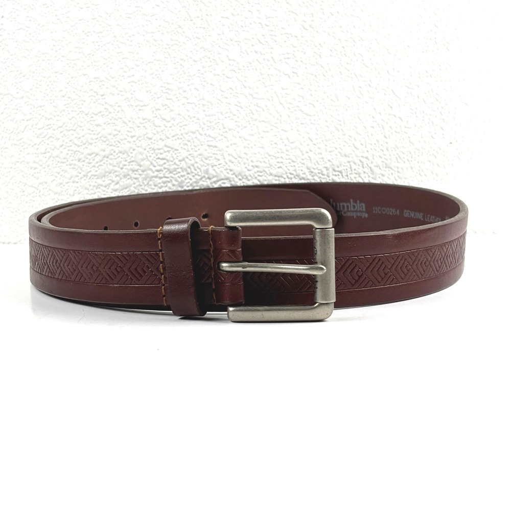 Columbia Leather Belt Mens 40 Brown Embossed Geometric Gorpcore Outdoor Rugged